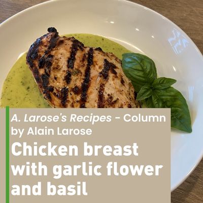 Banner for chicken breast with garlic flower and basil